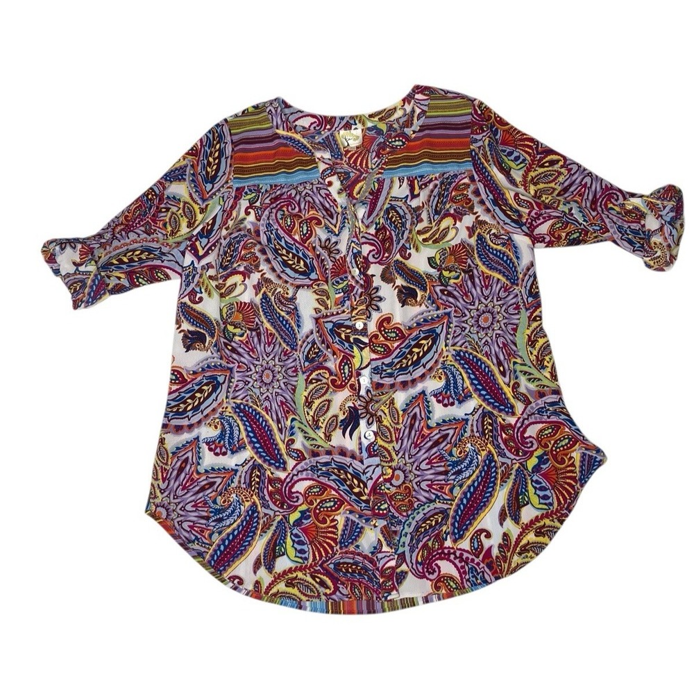Fig And Flower Blouse Women's 2X Boho‎ Peasant Paisley Artsy Tunic Top Roll Tab - Picture 3 of 11